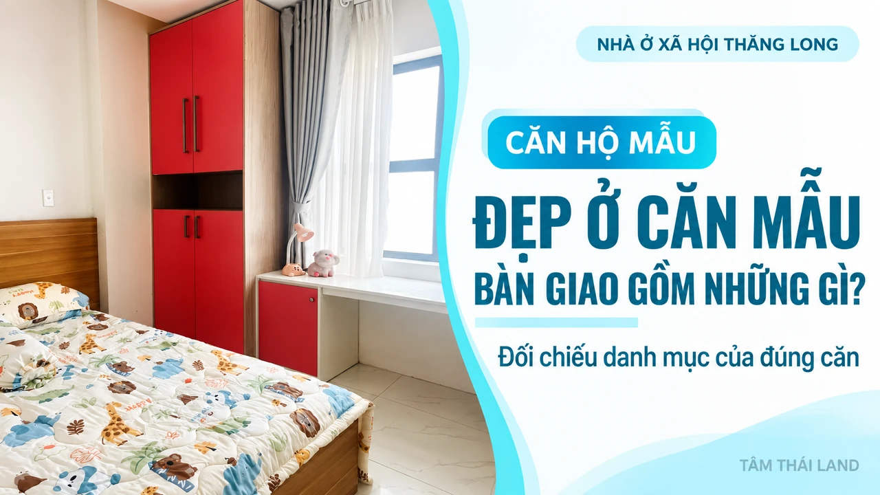 Phòng ngủ căn mẫu Nhà ở xã hội Thăng Long với giường, tủ và cửa sổ để đối chiếu danh mục bàn giao