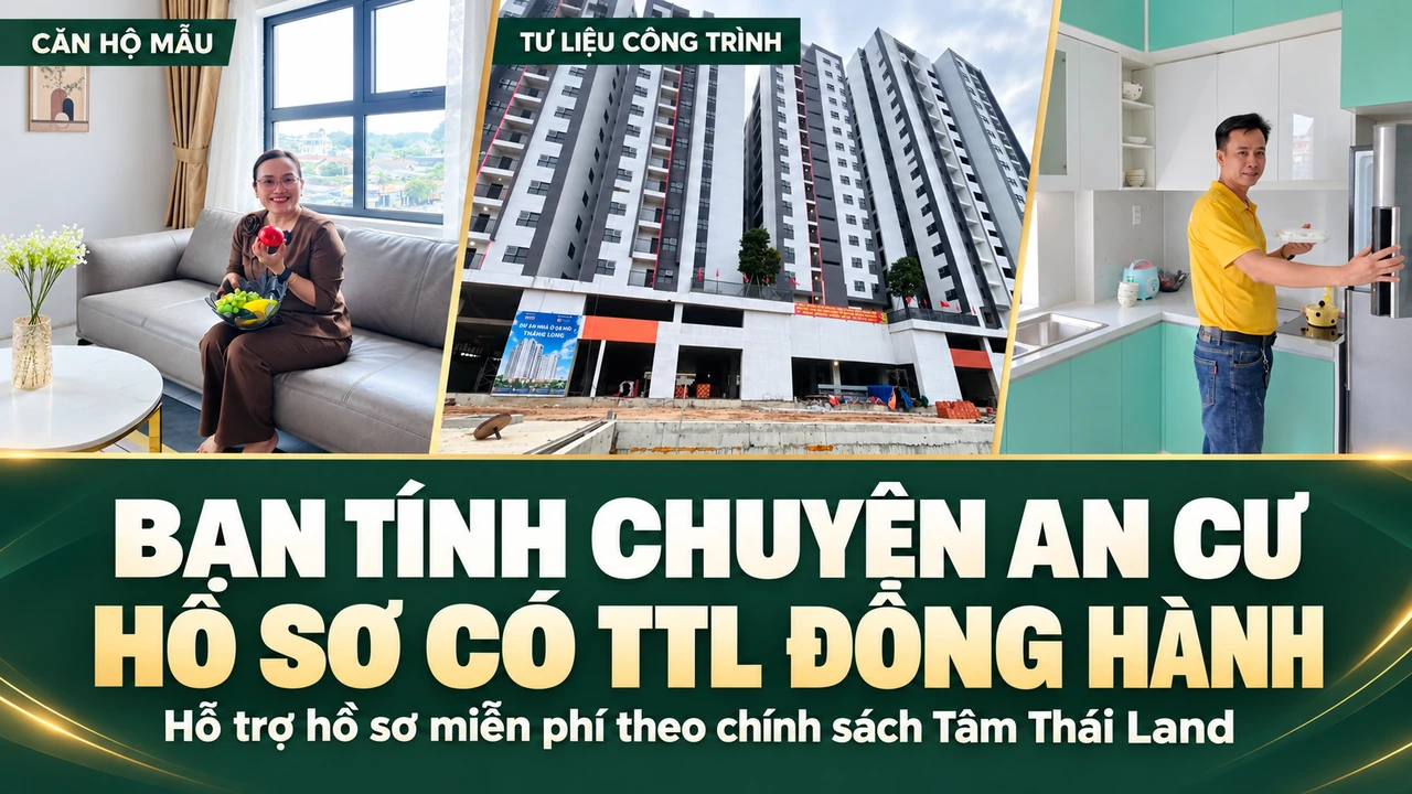 Collage công trình và người giới thiệu phòng khách, bếp căn mẫu Thăng Long, với thông điệp TTL hỗ trợ hồ sơ miễn phí