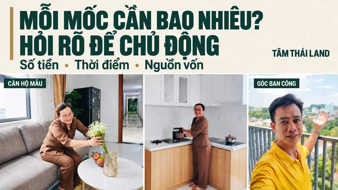 Collage người xem phòng khách, bếp căn mẫu và người giới thiệu ban công Thăng Long, với câu hỏi mỗi mốc cần bao nhiêu tiền