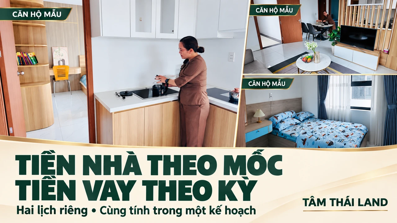 Collage ba góc bếp, phòng khách và phòng ngủ căn mẫu Thăng Long, với thông điệp tiền nhà theo mốc và tiền vay theo kỳ