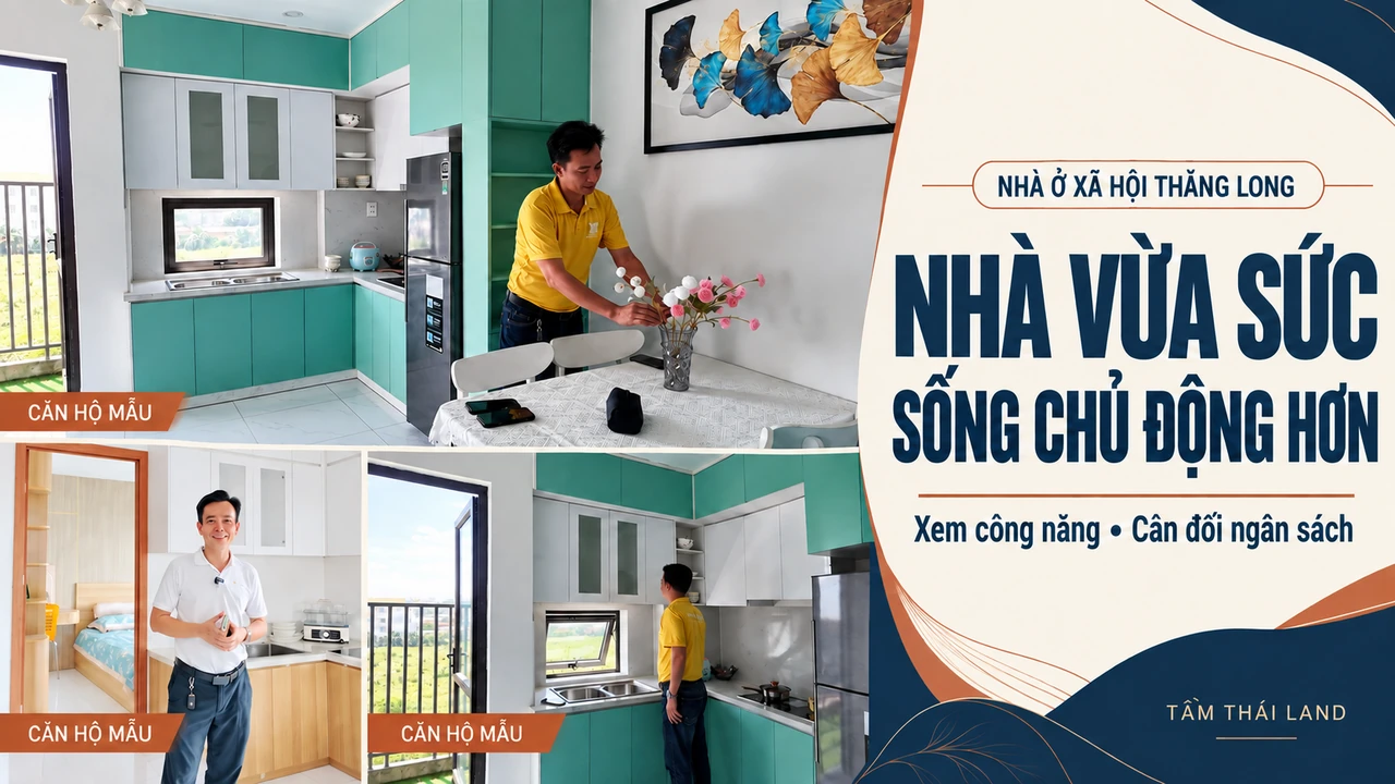 Collage người xem khu ăn uống và hai góc bếp căn mẫu Thăng Long, nhấn mạnh nhà vừa sức và sống chủ động