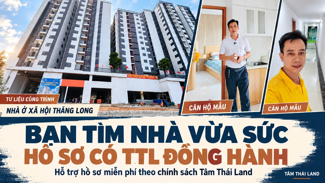 Collage công trình và hai bối cảnh người giới thiệu căn mẫu Thăng Long, cùng thông điệp TTL đồng hành hồ sơ