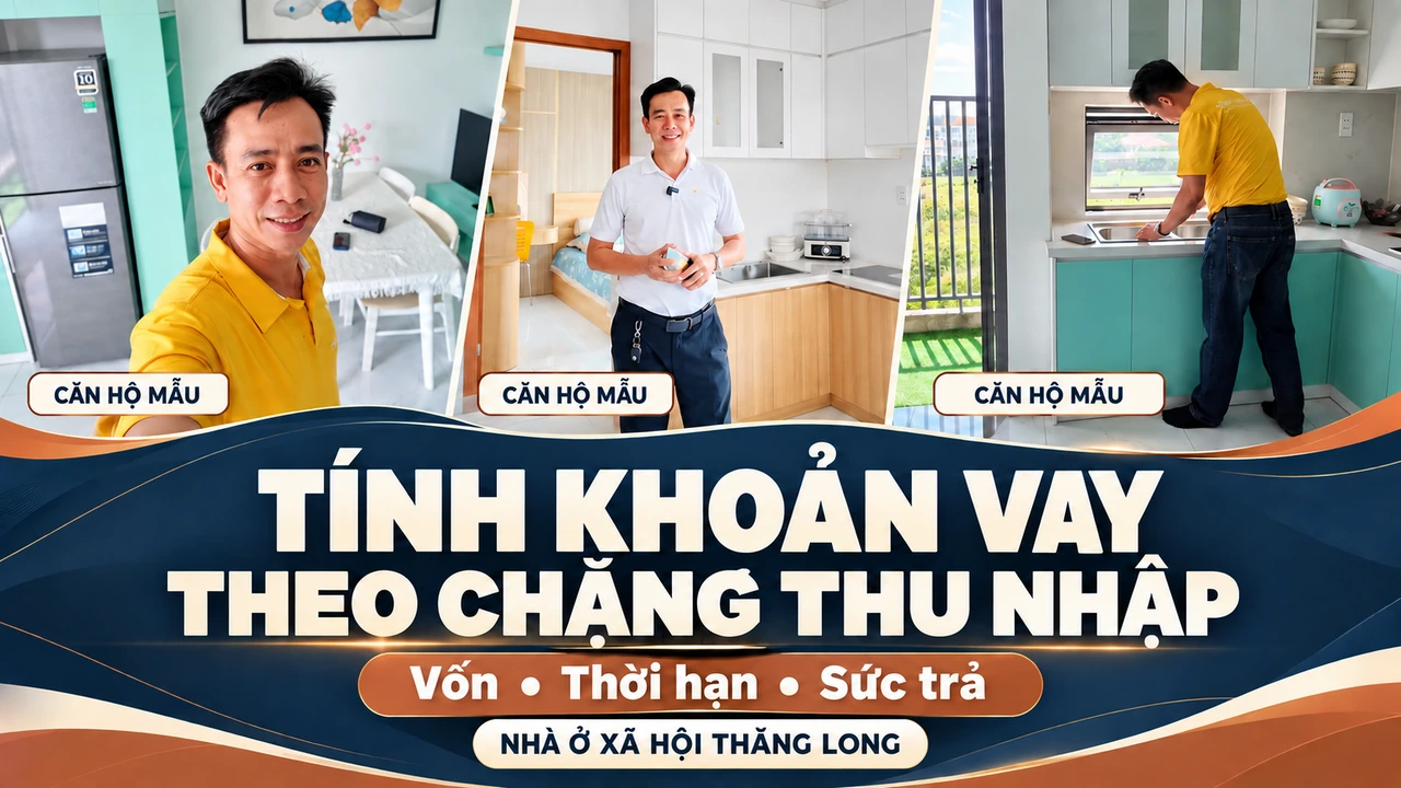 Ba bối cảnh người giới thiệu khu ăn uống và bếp căn mẫu Thăng Long, với thông điệp tính khoản vay theo chặng thu nhập