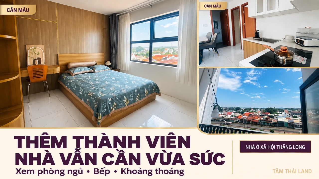 Ba bối cảnh phòng ngủ, bếp và khoảng thoáng nhìn từ ban công căn mẫu Thăng Long, cùng thông điệp nhà vừa sức khi thêm thành viên