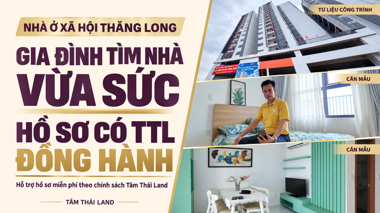 Collage tư liệu công trình, người giới thiệu phòng ngủ và khu ăn uống căn mẫu Thăng Long, cùng thông điệp TTL đồng hành hồ sơ