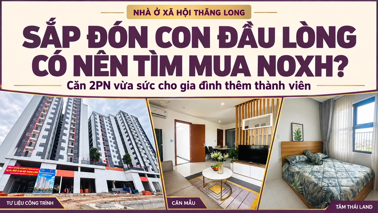 Collage tư liệu công trình, phòng khách và phòng ngủ căn mẫu Thăng Long, với câu hỏi sắp đón con đầu lòng có nên tìm mua NOXH
