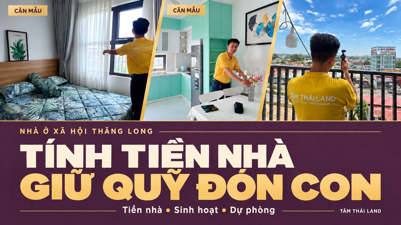 Collage người giới thiệu phòng ngủ, bếp ăn và ban công căn mẫu Thăng Long, với thông điệp tính tiền nhà và giữ quỹ đón con