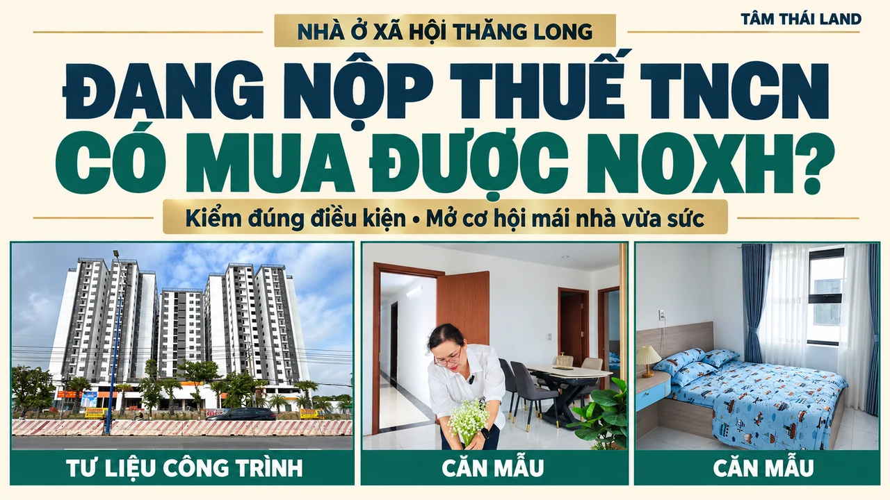 Collage tư liệu công trình, người giới thiệu phòng khách và phòng ngủ căn mẫu Thăng Long, đặt câu hỏi đang nộp thuế TNCN có mua được NOXH