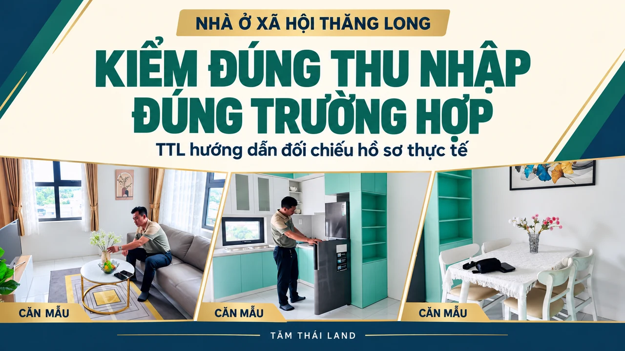 Collage người giới thiệu phòng khách, bếp và khu ăn căn mẫu Thăng Long, nhắc kiểm đúng thu nhập theo trường hợp mua NOXH