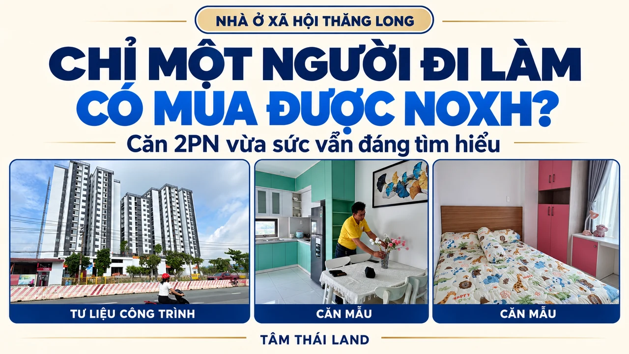 Collage tư liệu công trình, người giới thiệu khu ăn và phòng ngủ căn mẫu Thăng Long, với câu hỏi chỉ một người đi làm có mua được NOXH
