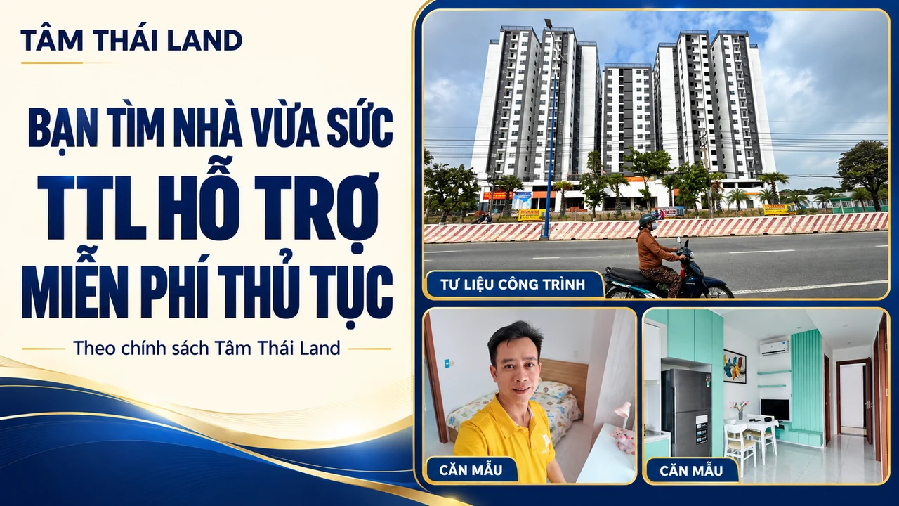 Collage tư liệu công trình, người giới thiệu phòng ngủ và không gian sinh hoạt căn mẫu Thăng Long, cùng thông điệp TTL hỗ trợ miễn phí thủ tục