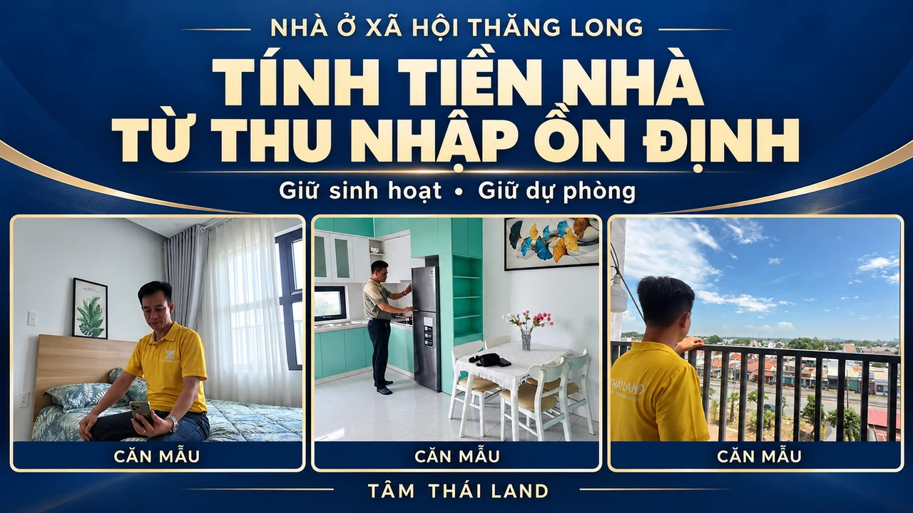 Collage người ngồi phòng ngủ, người giới thiệu bếp và người đứng ban công căn mẫu Thăng Long, nhắc tính tiền nhà từ thu nhập ổn định