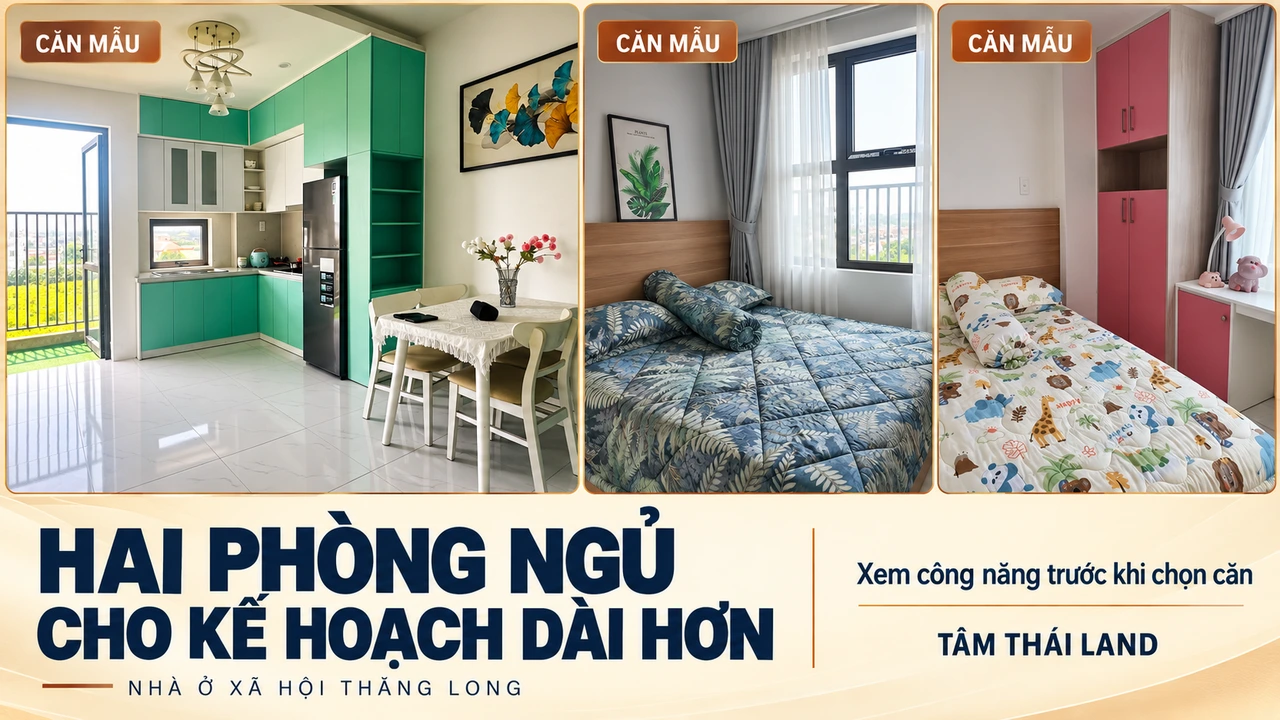 Ba bối cảnh căn mẫu Thăng Long gồm bếp bàn ăn và hai góc phòng ngủ, minh họa công năng cho kế hoạch gia đình