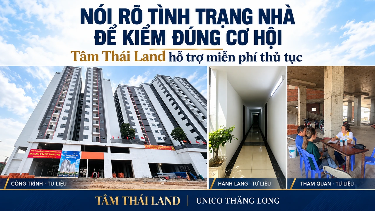 Collage góc công trình, hành lang tư liệu và cảnh trao đổi tại dự án Thăng Long, chữ kiểm đúng cơ hội NOXH
