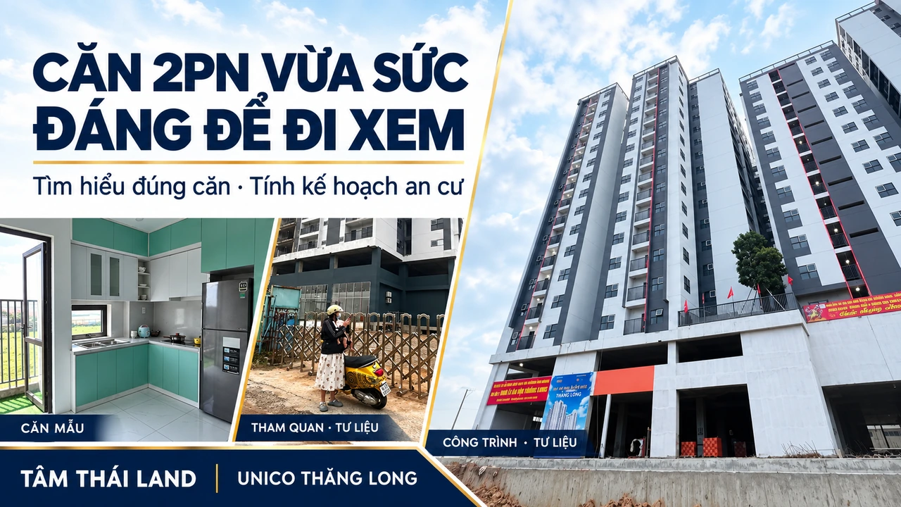 Collage góc công trình Thăng Long, bếp căn mẫu và cảnh tham quan phía ngoài, chữ căn 2PN vừa sức đáng để đi xem