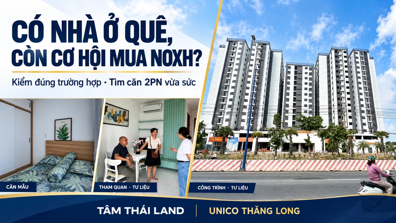 Collage công trình Thăng Long, phòng ngủ căn mẫu và cảnh tham quan, với câu hỏi có nhà ở quê còn cơ hội mua NOXH