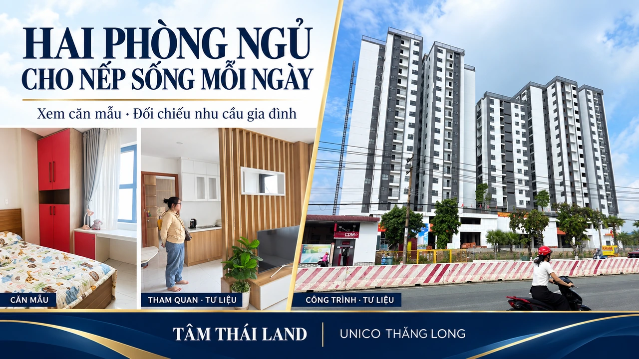 Collage công trình Thăng Long, chi tiết phòng căn mẫu và người tham quan, chữ hai phòng ngủ cho nếp sống mỗi ngày