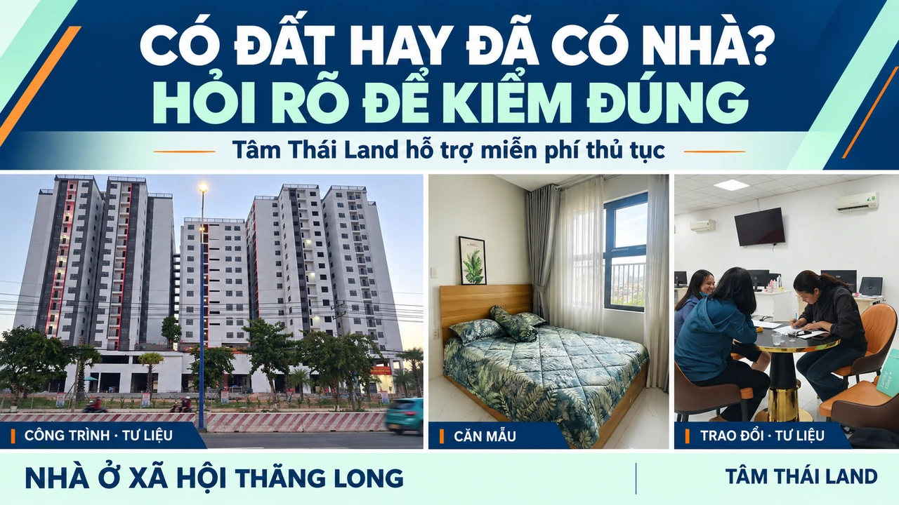 Collage công trình Thăng Long, phòng ngủ căn mẫu và cảnh trao đổi, chữ hỏi rõ có đất hay đã có nhà