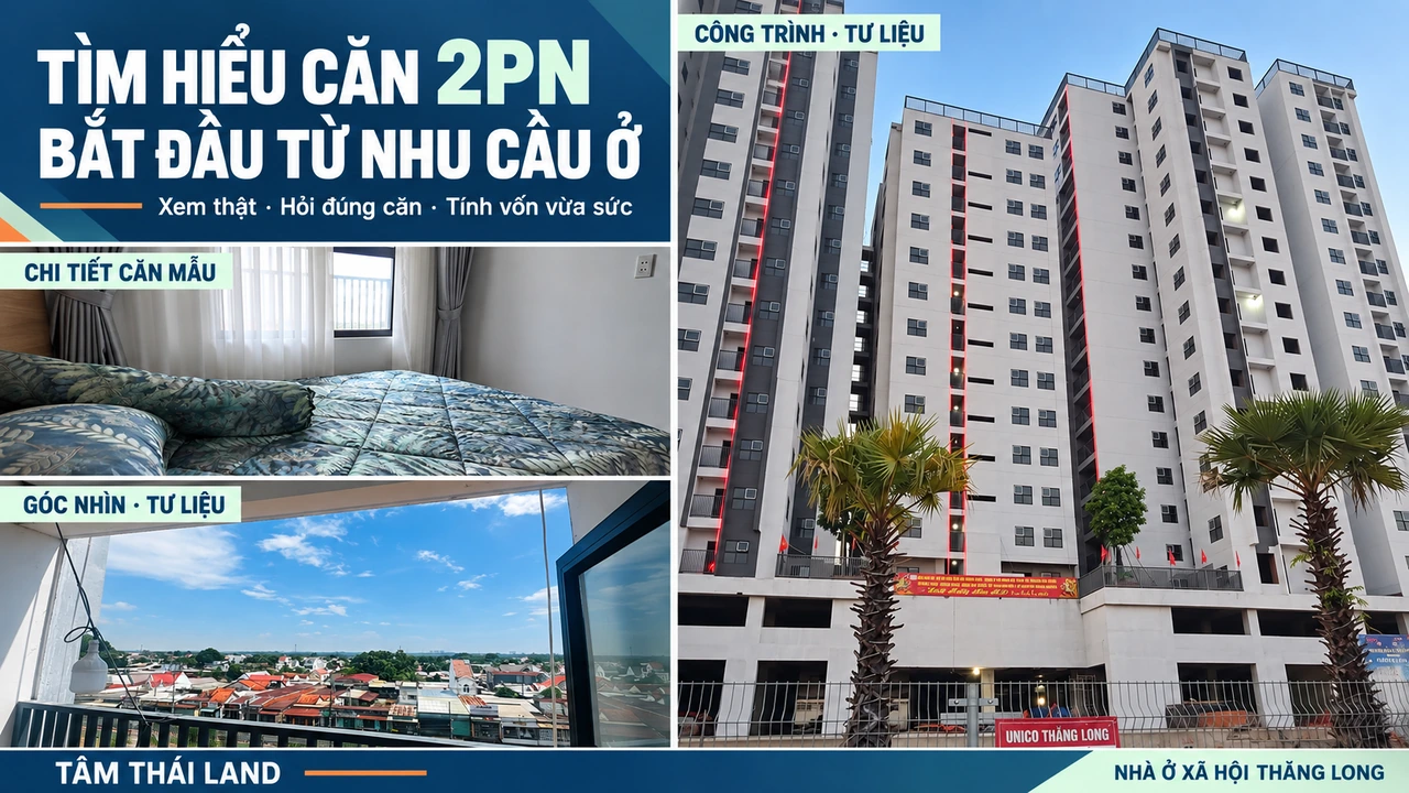 Collage góc công trình Thăng Long, chi tiết phòng căn mẫu và góc nhìn tư liệu, chữ tìm hiểu căn 2PN từ nhu cầu ở
