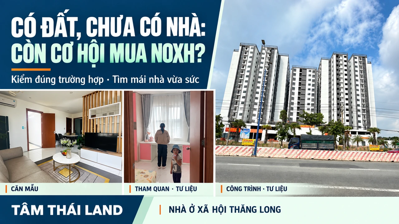 Collage công trình Thăng Long, phòng khách căn mẫu và cảnh tham quan, chữ có đất chưa có nhà còn cơ hội mua NOXH