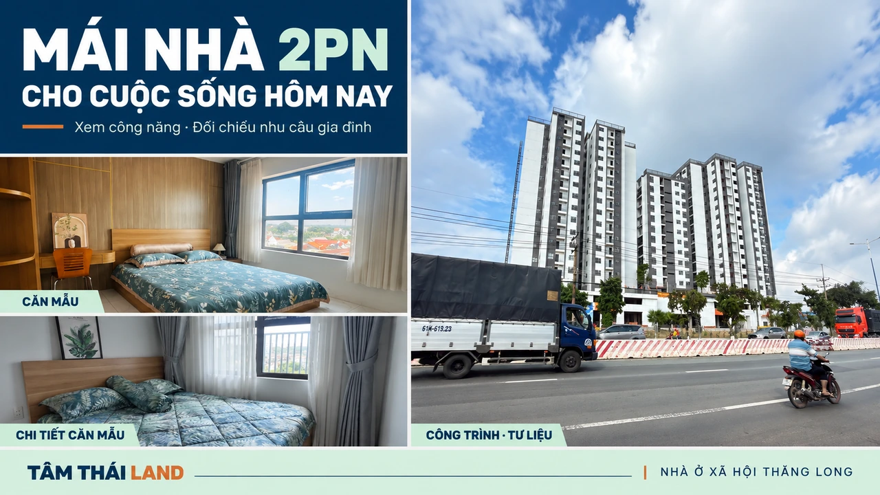 Collage tổng thể công trình và hai chi tiết căn mẫu Thăng Long, với thông điệp mái nhà 2PN cho cuộc sống hôm nay