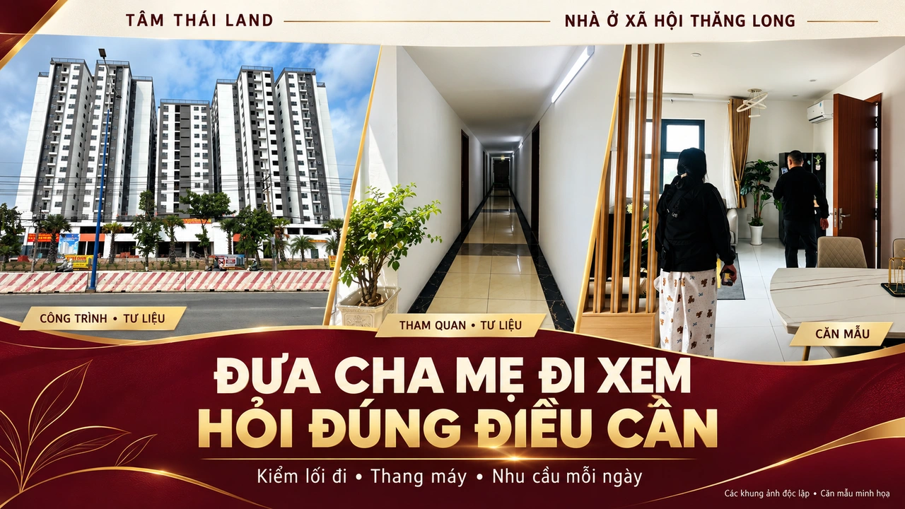 Ảnh ghép công trình, hành lang và khách xem căn mẫu, nhắc gia đình kiểm hành trình di chuyển của cha mẹ.
