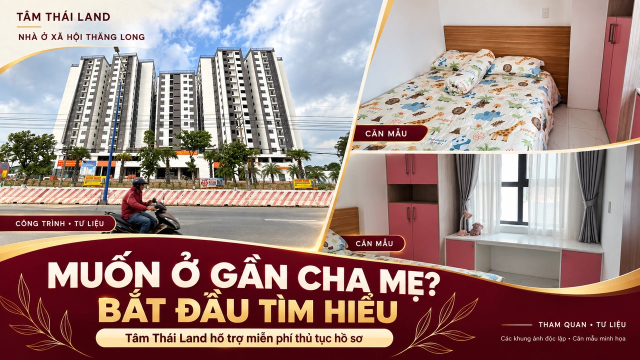 Ảnh ghép công trình, giường và góc cửa sổ căn mẫu, mời tìm hiểu NOXH cùng hỗ trợ hồ sơ miễn phí từ Tâm Thái Land.