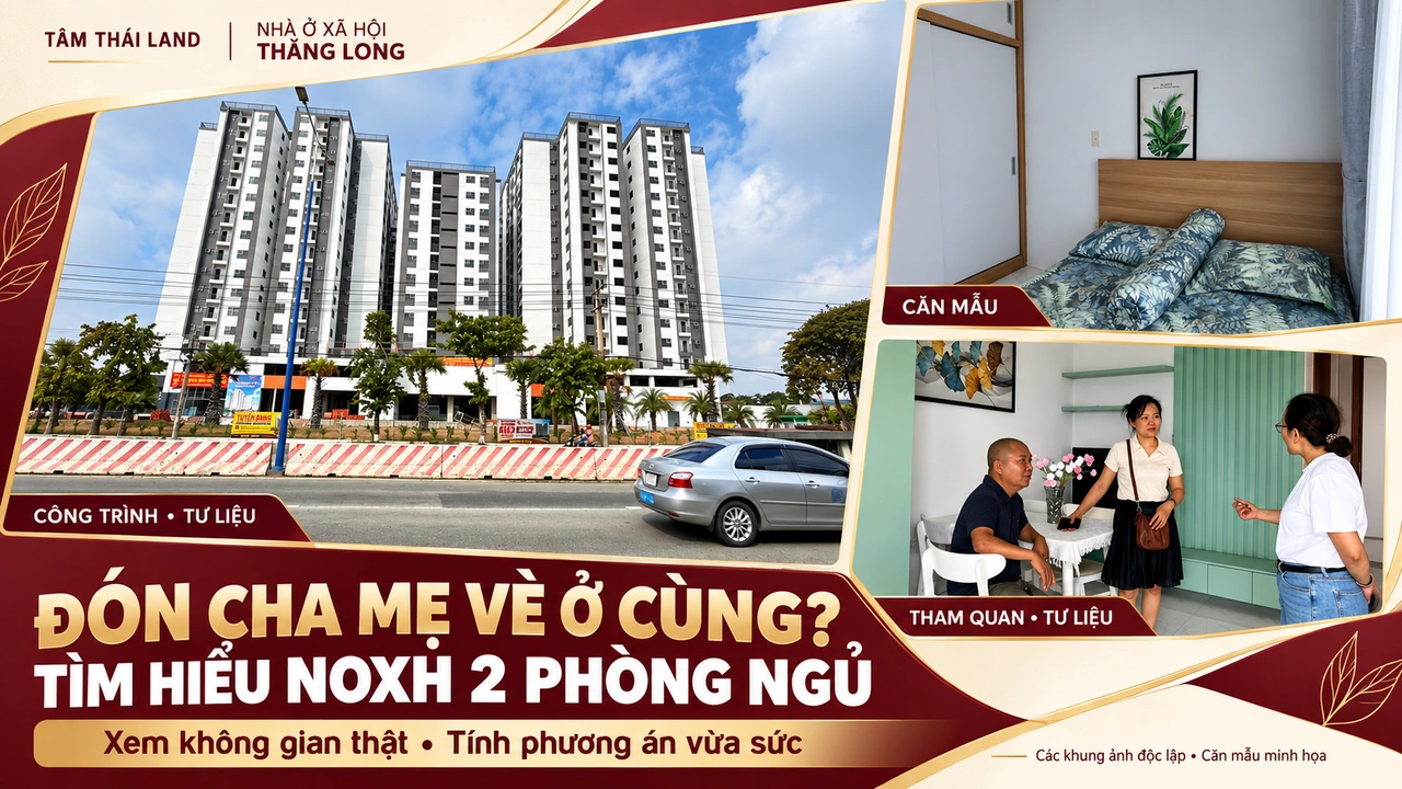 Ảnh ghép công trình Thăng Long, phòng ngủ căn mẫu và khách tham quan, với thông điệp đón cha mẹ về ở cùng.
