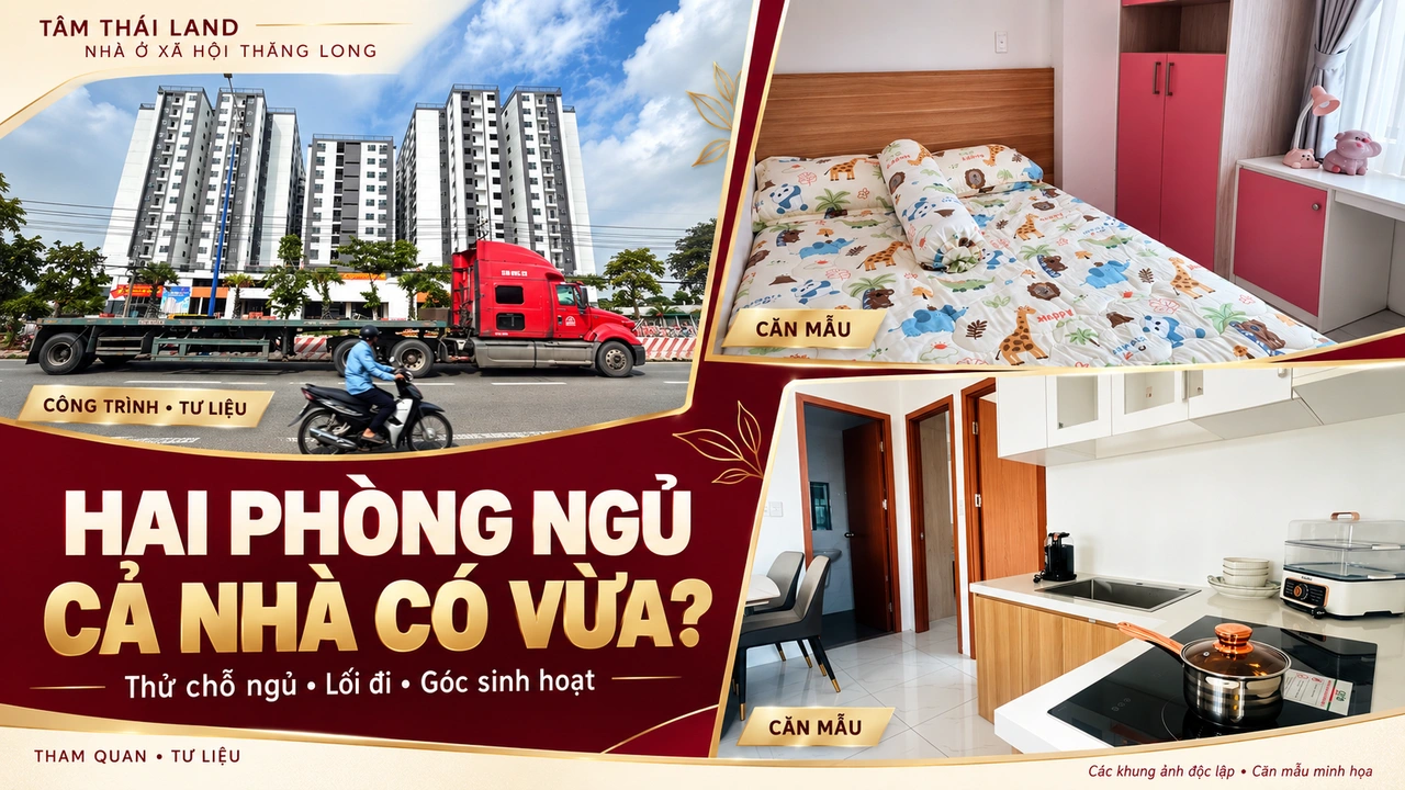 Ảnh ghép công trình, phòng ngủ và bếp căn mẫu để gia đình kiểm độ vừa vặn của căn NOXH 2PN.