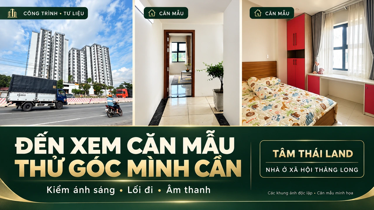 Ảnh ghép công trình, lối đi và cửa sổ căn mẫu, nhắc kiểm ánh sáng, lối đi và âm thanh tại vị trí làm việc.
