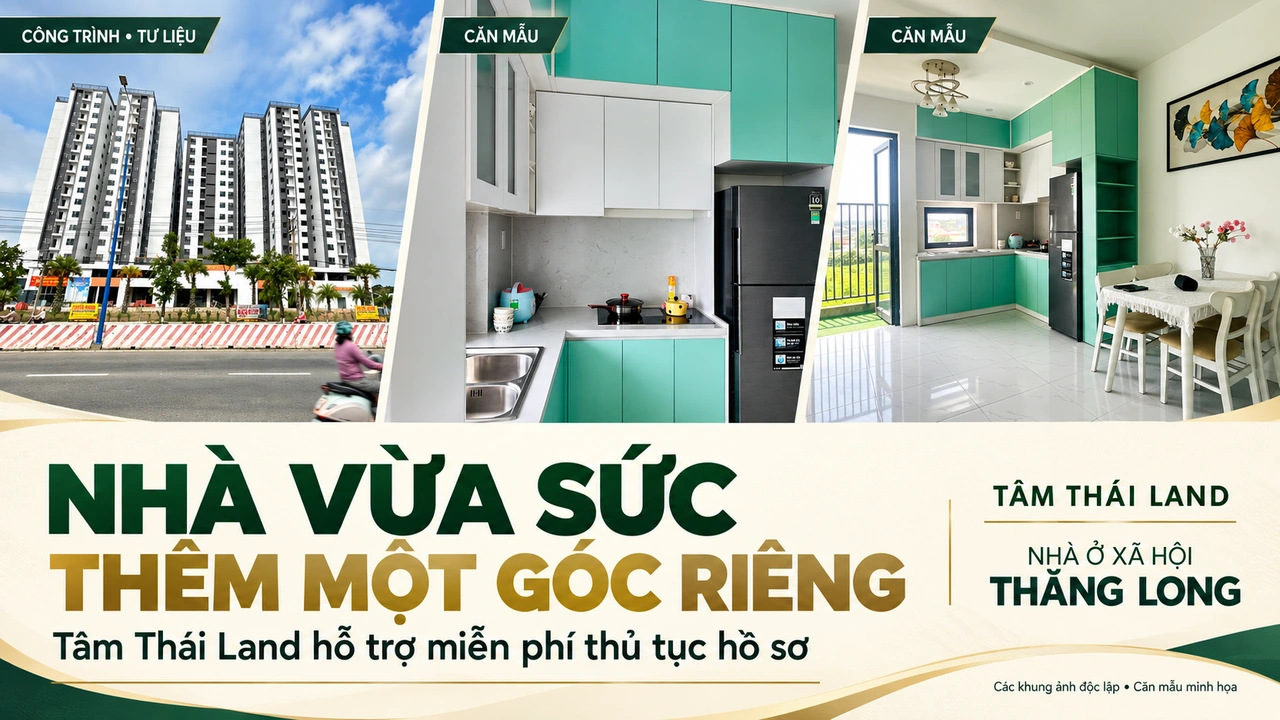Ảnh ghép công trình, bếp và bàn ăn căn mẫu, mời tìm hiểu căn NOXH vừa sức cùng hỗ trợ thủ tục miễn phí.
