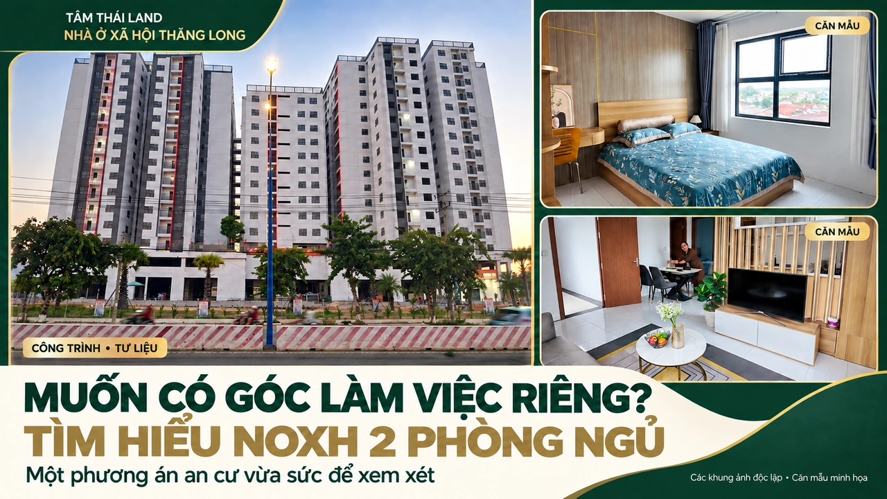 Ảnh ghép công trình Thăng Long, phòng ngủ có bàn và phòng khách căn mẫu, mời tìm hiểu NOXH 2PN có góc làm việc.