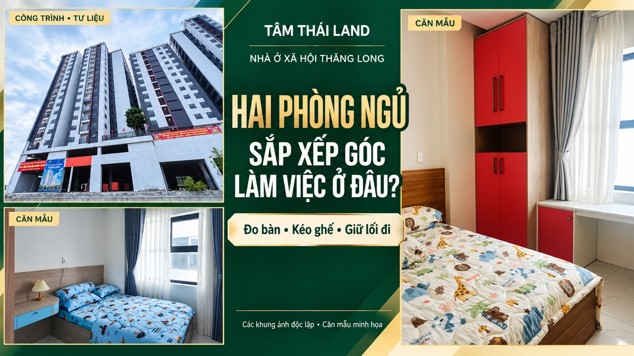 Ảnh ghép công trình và chi tiết hai phòng căn mẫu, nhắc đo bàn, kéo ghế và giữ lối đi khi bố trí góc làm việc.