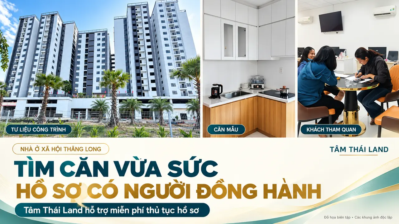 Tư liệu công trình, góc bếp căn mẫu và khách trao đổi hồ sơ với thông điệp Tâm Thái Land hỗ trợ miễn phí thủ tục