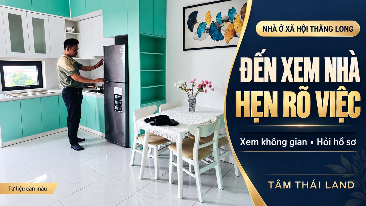 Đồ họa từ ảnh người xem khu bếp và bàn ăn căn mẫu Nhà ở xã hội Thăng Long