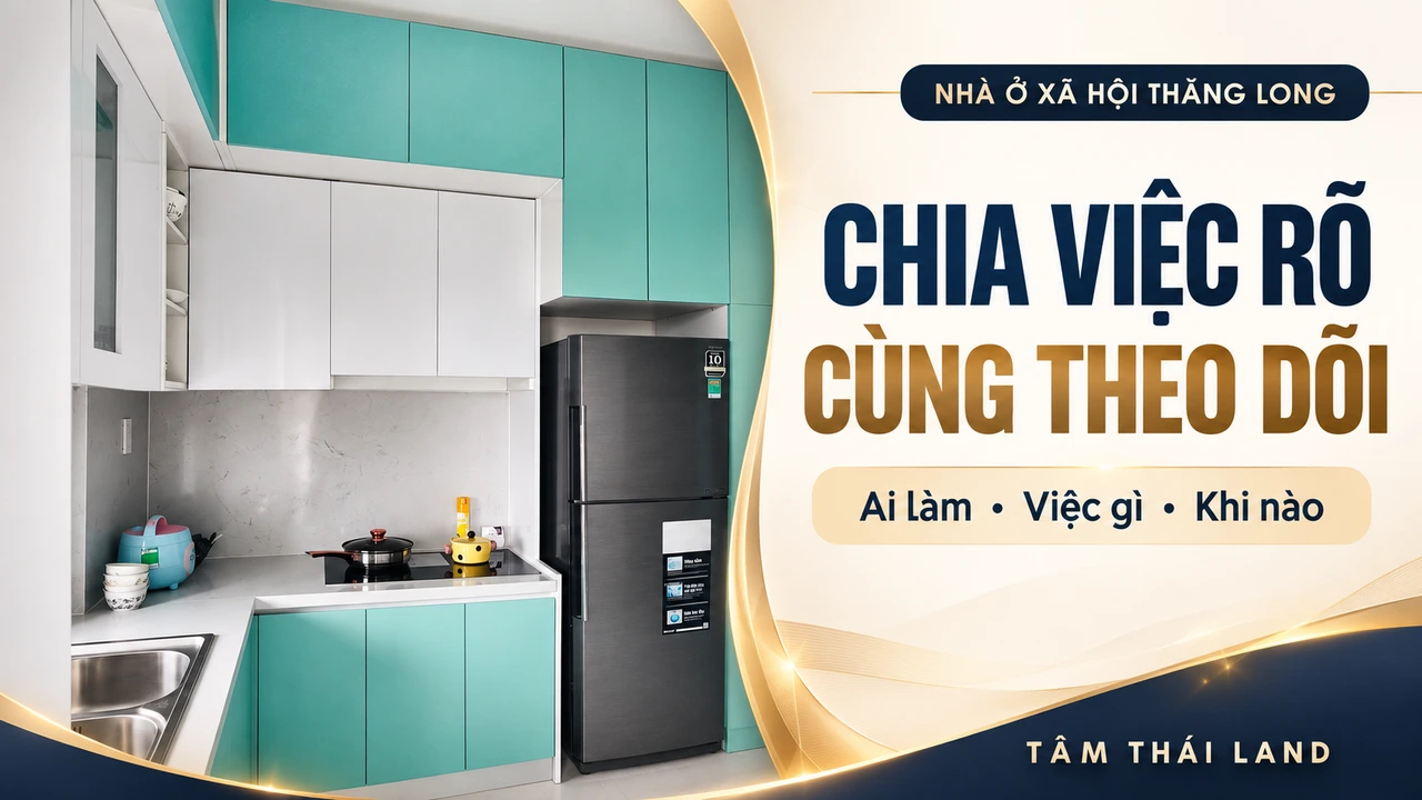 Đồ họa bếp căn mẫu với lời nhắc chia việc rõ và cùng theo dõi hồ sơ nhà ở xã hội