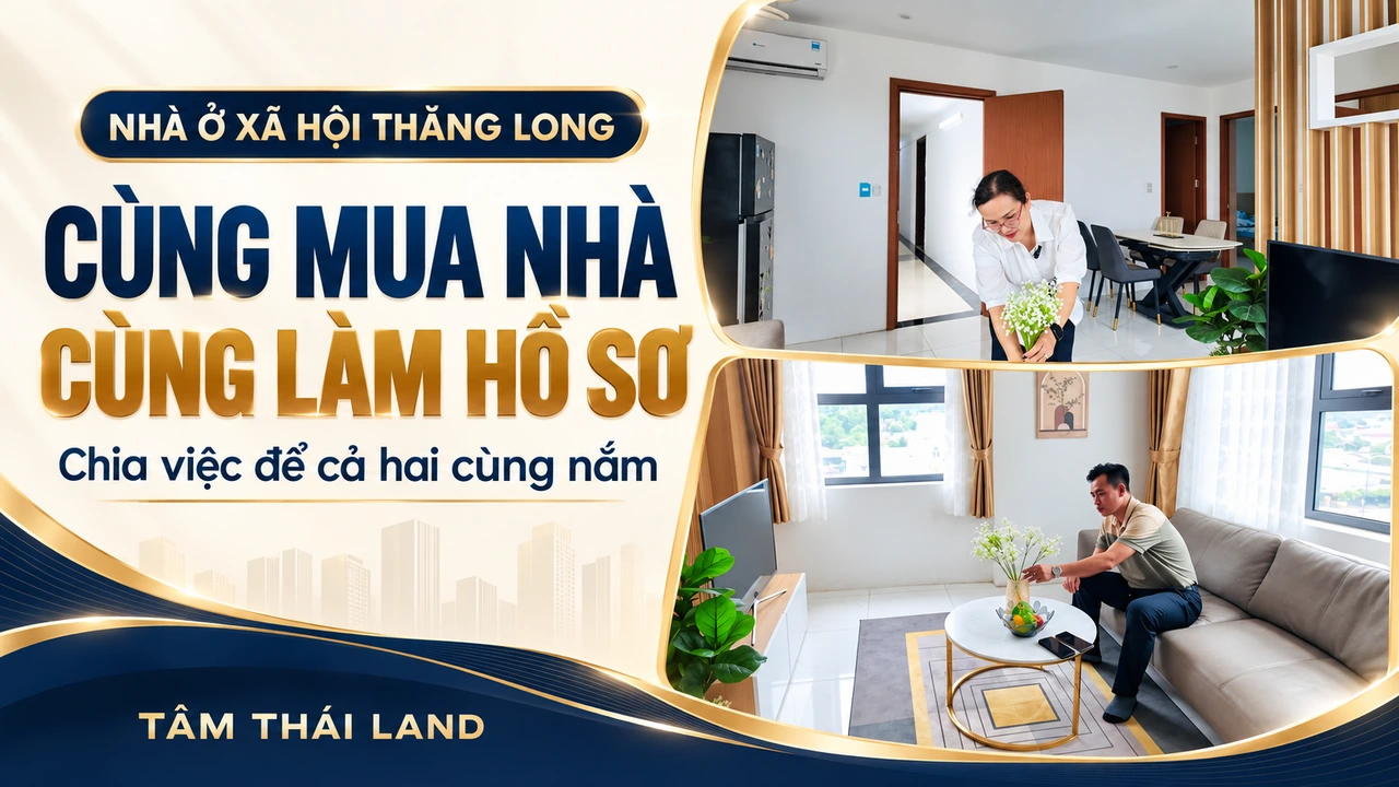 Đồ họa hai khung ảnh người tại căn mẫu Nhà ở xã hội Thăng Long với thông điệp cùng mua nhà cùng làm hồ sơ