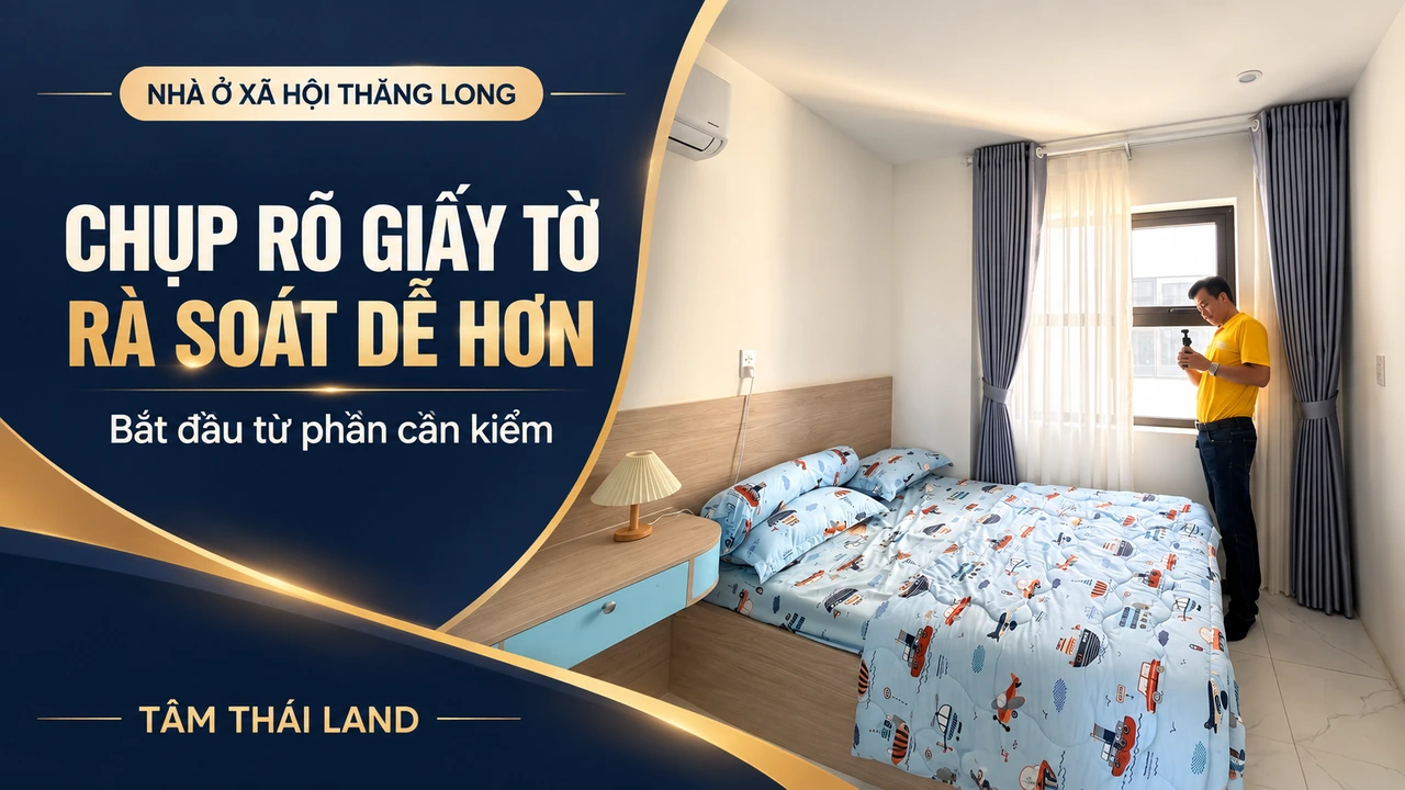 Đồ họa người cầm thiết bị ghi hình trong căn mẫu và thông điệp chụp rõ giấy tờ để rà soát hồ sơ dễ hơn