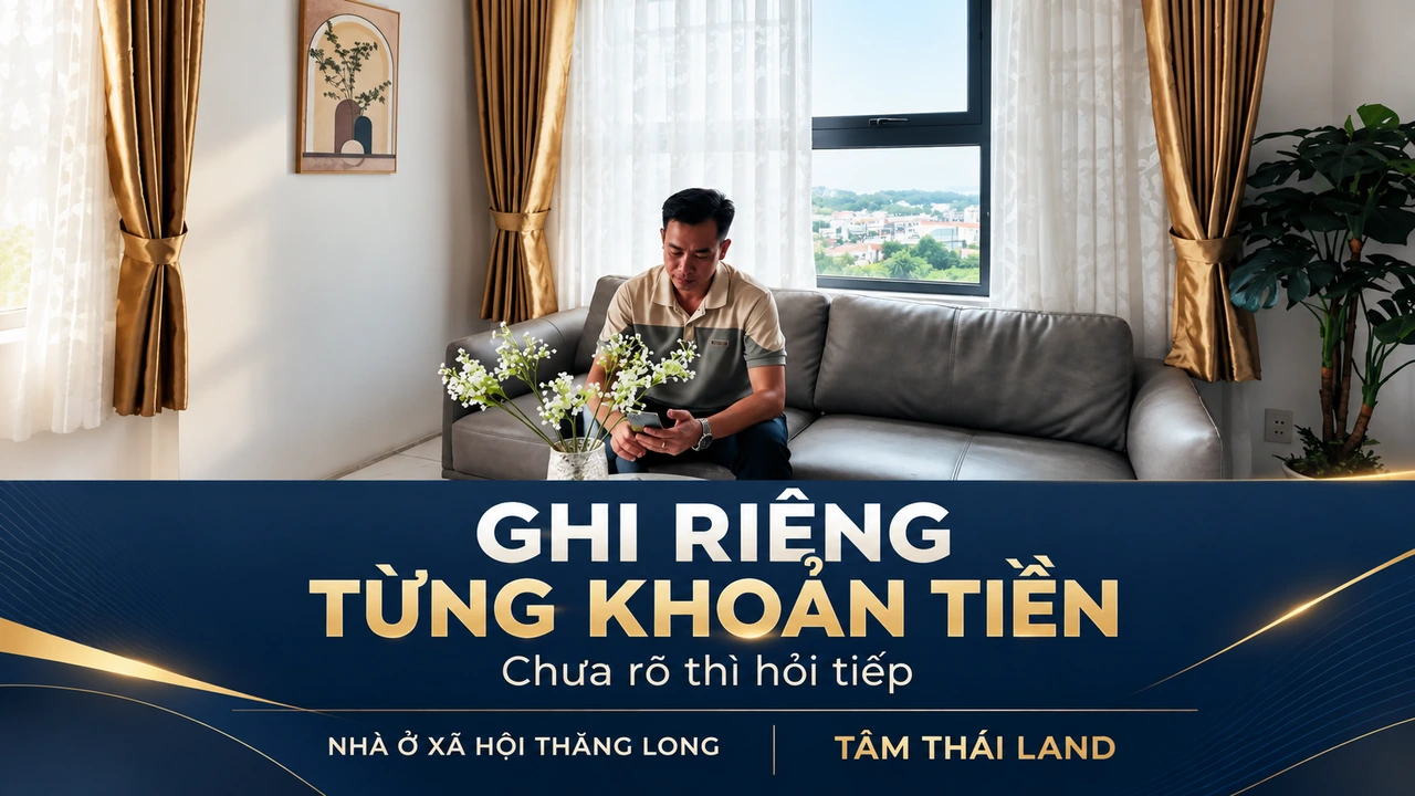 Đồ họa người tại phòng khách căn mẫu với lời nhắc ghi riêng từng khoản tiền khi tính kế hoạch có nhà