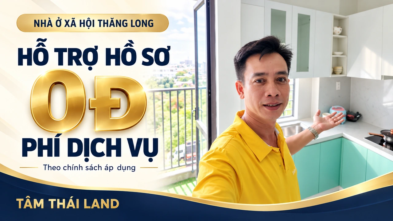 Đồ họa người giới thiệu căn mẫu với thông điệp hỗ trợ hồ sơ 0Đ phí dịch vụ theo chính sách áp dụng