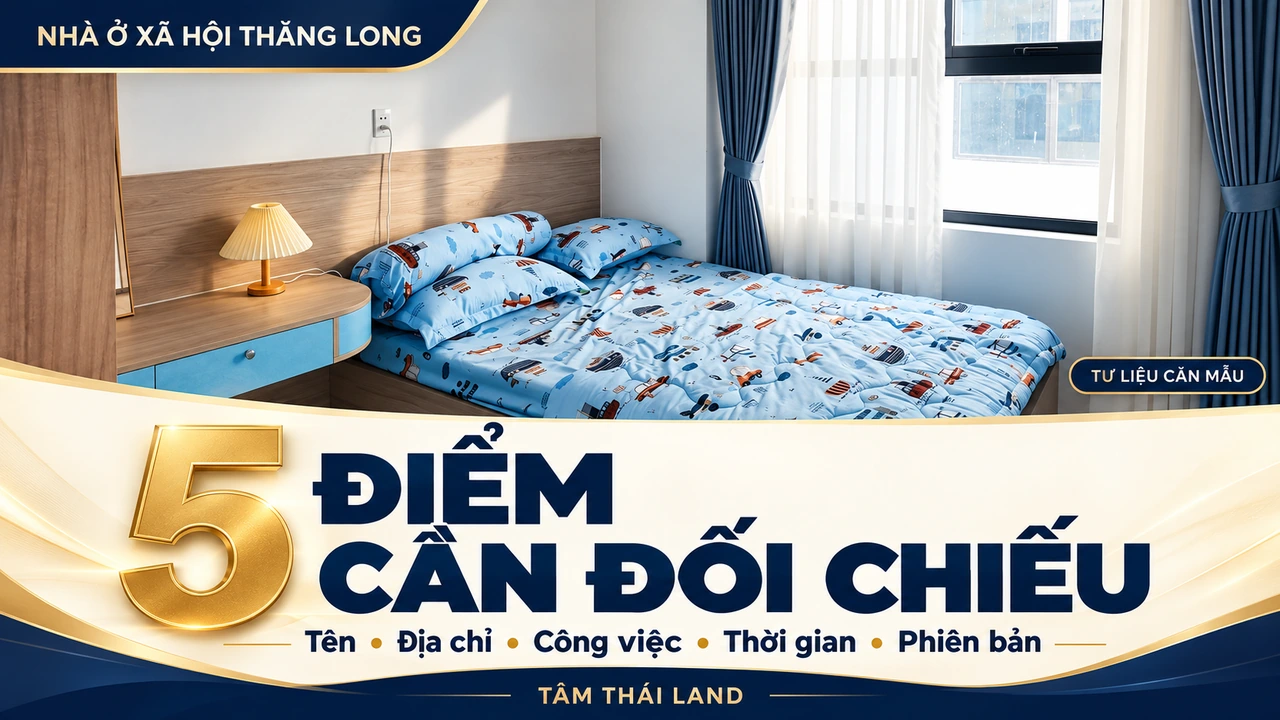 Đồ họa 5 điểm cần đối chiếu trong hồ sơ từ ảnh phòng ngủ căn mẫu với chăn xanh, cửa sổ và rèm Nhà ở xã hội Thăng Long