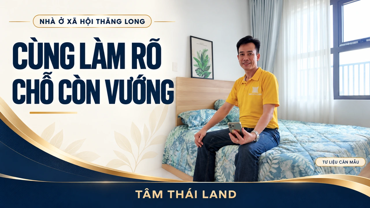 Đồ họa cùng làm rõ chỗ còn vướng từ ảnh người áo vàng ngồi trong phòng ngủ căn mẫu, cầm điện thoại Nhà ở xã hội Thăng Long