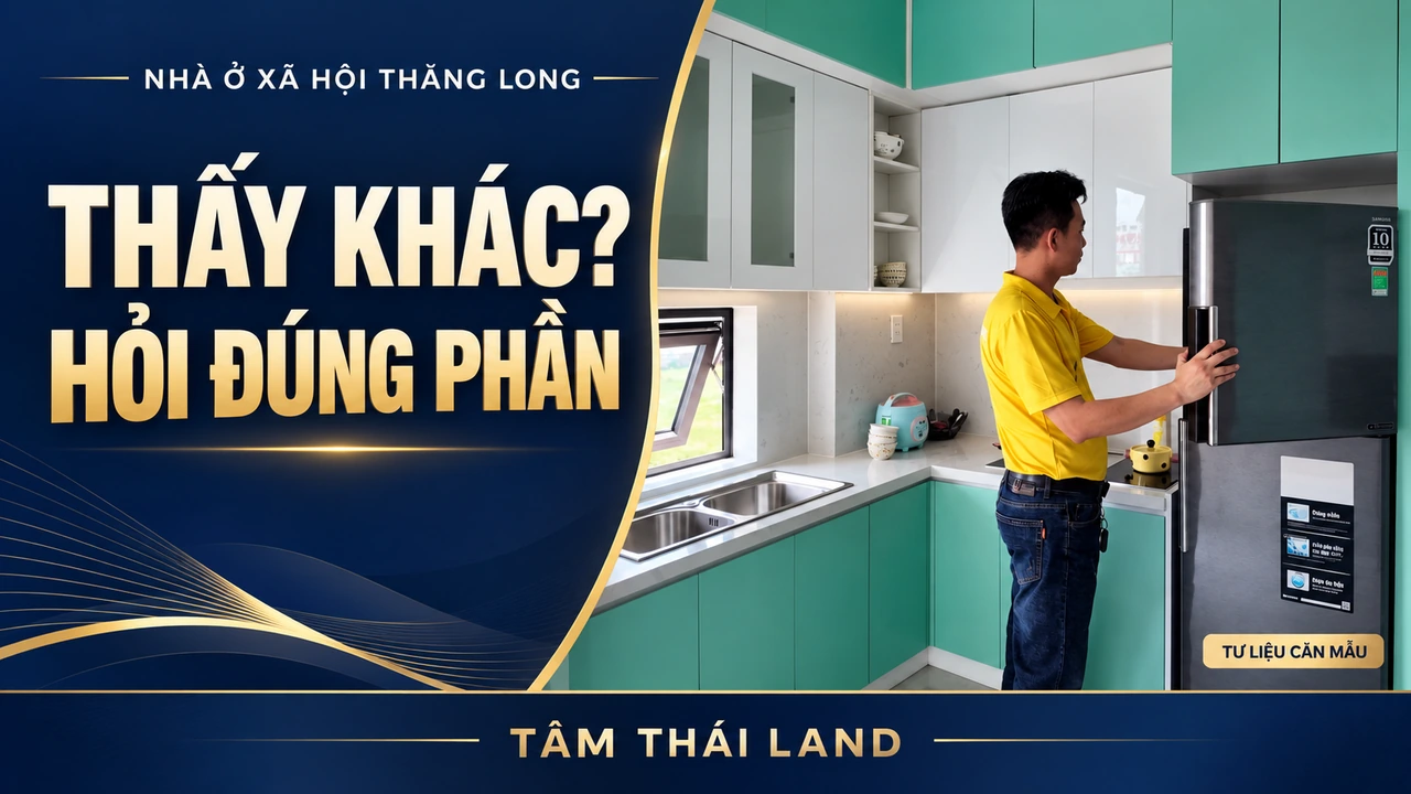 Đồ họa thấy khác thông tin: hỏi đúng phần từ ảnh người áo vàng cạnh tủ lạnh trong bếp xanh căn mẫu Nhà ở xã hội Thăng Long