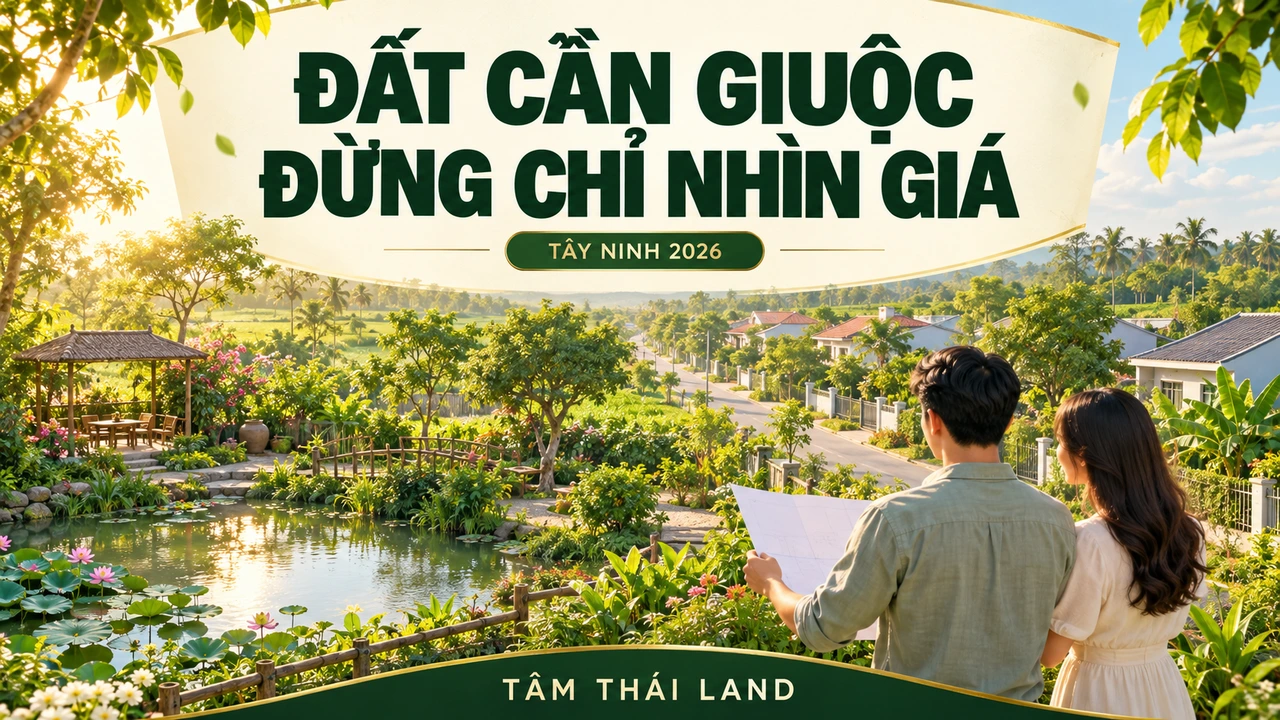 Ảnh minh họa cặp đôi xem giấy bên khu vườn và nhà ở, với thông điệp đất Cần Giuộc đừng chỉ nhìn giá.