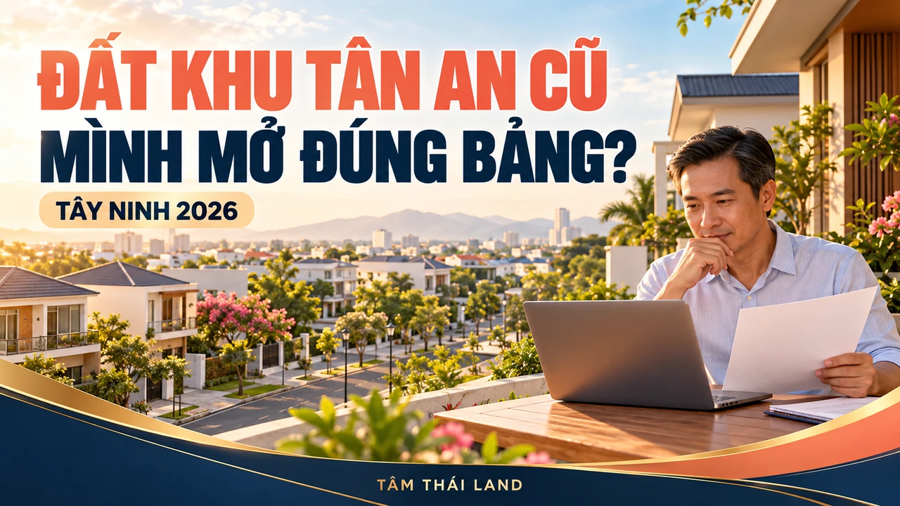 Minh họa người tra cứu bảng giá đất Tân An 2026 trên máy tính, với thông điệp mở đúng bảng theo phường mới.