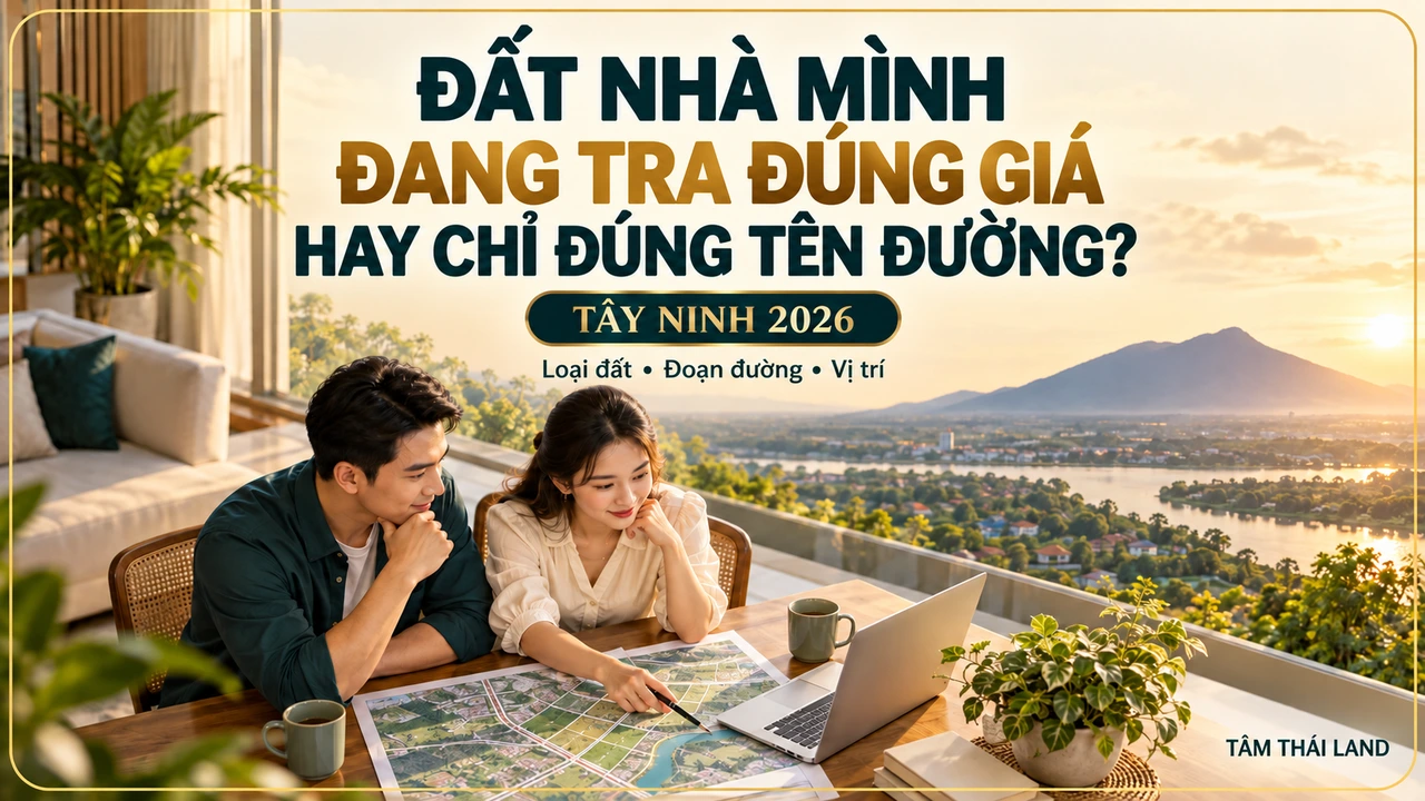 Minh họa hai vợ chồng đối chiếu loại đất, đoạn đường và vị trí khi tra bảng giá đất Tây Ninh 2026.