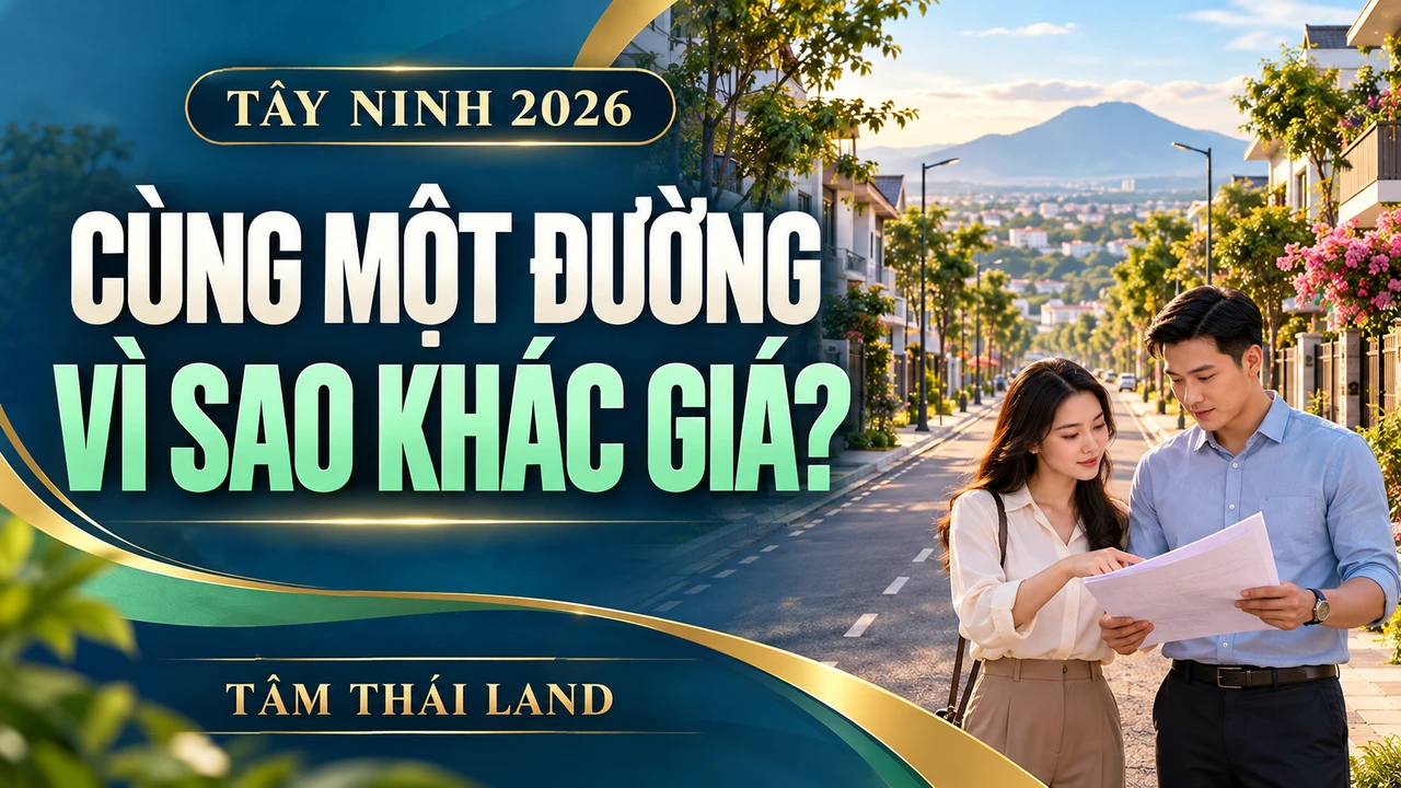 Ảnh minh họa cặp đôi xem giấy tờ bên tuyến phố, với câu hỏi cùng một đường vì sao khác giá tại Tây Ninh năm 2026.