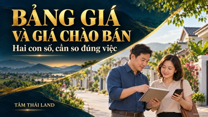 Minh họa vợ chồng xem sổ ghi chép và điện thoại để so bảng giá với giá chào bán đất