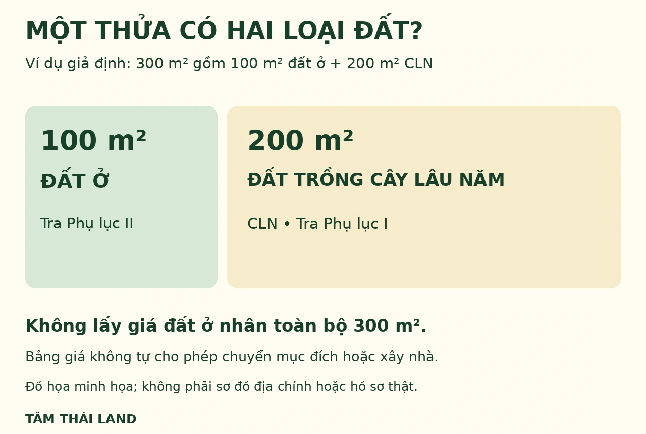 Ví dụ giả định300m² gồm100m² đất ở tra Phụ lụcII và 200 m² đất trồng cây lâu năm CLN tra Phụ lụcI.