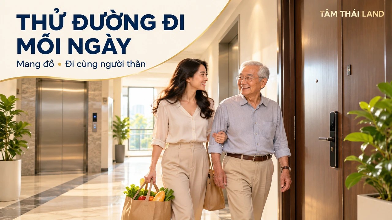 Ảnh minh họa AI: người mua mang đồ và đi cùng người thân trên hành lang căn hộ